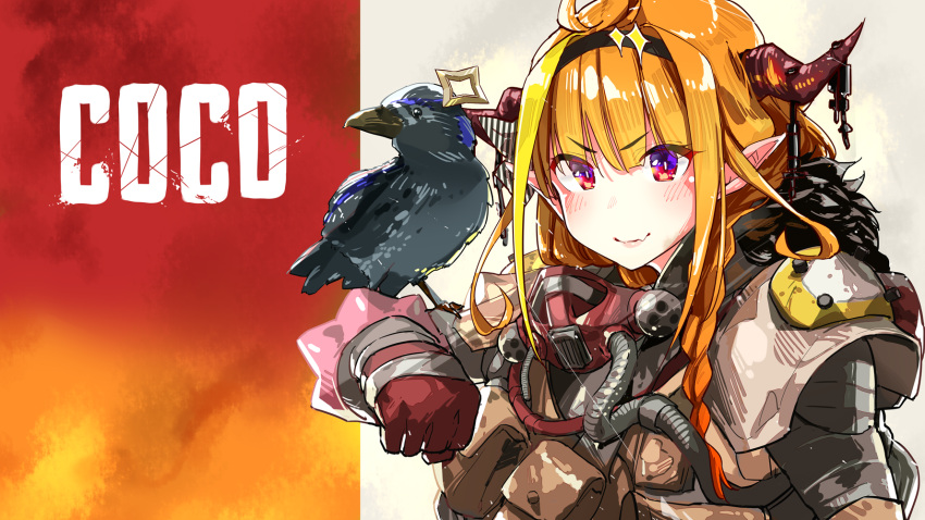 1girl ahoge animal animal_on_arm apex_legends background_text bangs belt bird bird_on_arm black_bow black_hairband blonde_hair blunt_bangs blush bow bowtie braid bright_pupils character_name closed_mouth commentary_request cosplay crow dragon_girl dragon_horns eyebrows_visible_through_hair fang gas_mask gloves gradient_eyes hair_between_eyes hair_ornament hairband halo highlights highres hololive horn_bow horn_ornament horns kiryuu_coco long_hair looking_away mask mouth_mask multicolored multicolored_eyes multicolored_hair orange_hair pointy_ears red_eyes respirator shoulder_pads single_braid single_horn skin_fang smile streaked_hair striped upper_body utility_belt violet_eyes virtual_youtuber white_bow yuyaiyaui