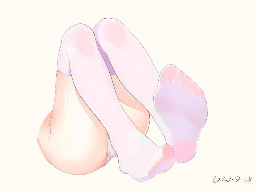 1girl bei_qi beige_background dated feet legs no_shoes original panties shiny shiny_skin simple_background soles solo thigh-highs underwear white_legwear white_panties