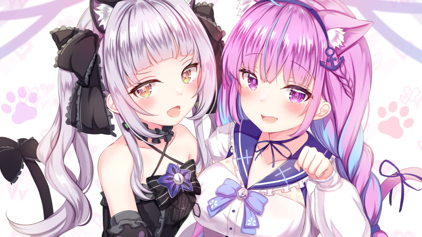 2girls :d ahoge alternate_hairstyle animal_ears arm_up bangs bare_shoulders black_dress blue_hair blue_sailor_collar blunt_bangs bow braid breasts cat_ears cat_girl cat_tail close-up collarbone colored_inner_hair commentary_request detached_sleeves dress eyebrows_visible_through_hair fang hair_ribbon hand_around_wrist highres hololive kemonomimi_mode large_breasts long_hair long_sleeves looking_at_viewer minato_aqua multicolored_hair multiple_girls murasaki_shion neck_ribbon open_mouth paw_pose paw_print purple_hair ribbon sailor_collar sidelocks silver_hair small_breasts smile tail tail_bow tail_ornament twin_braids two-tone_hair upper_body violet_eyes virtual_youtuber white_background white_dress yuano