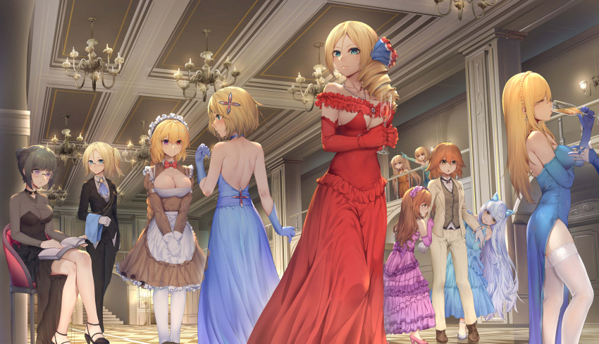 6+girls absurdres alternate_costume apron black_hair blonde_hair blue_dress blue_eyes blue_gloves blue_hair breasts brown_dress brown_eyes brown_hair cleavage_cutout closed_eyes clothing_cutout cup dress drinking_glass elbow_gloves formal gloves heterochromia highres holding holding_cup indoors large_breasts le_fantasque_(warship_girls_r) long_sleeves maid maid_apron maid_headdress multiple_girls pants ray_(pixiv9514208) red_dress red_eyes red_gloves richelieu_(warship_girls_r) sitting sleeveless sleeveless_dress standing suit thigh-highs violet_eyes waist_apron warship_girls_r white_apron white_gloves white_legwear white_pants white_suit