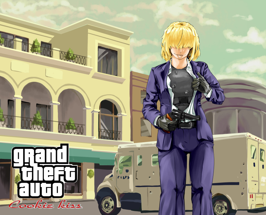 1girl absurdres alice_margatroid alternate_costume balcony bangs black_hair blazer blonde_hair blue_jacket blue_pants building bullet bullet_hole clouds collared_shirt commentary_request cookie_(touhou) copyright_request cowboy_shot grand_theft_auto ground_vehicle gun hair_over_eyes handgun highres holding holding_gun holding_weapon house jacket jigen_(cookie) kevlar_vest looking_at_viewer mansion megafaiarou_(talonflame_810) motor_vehicle pants revolver shirt shirt_pull short_hair sky solo standing tongue tongue_out touhou van weapon white_shirt window