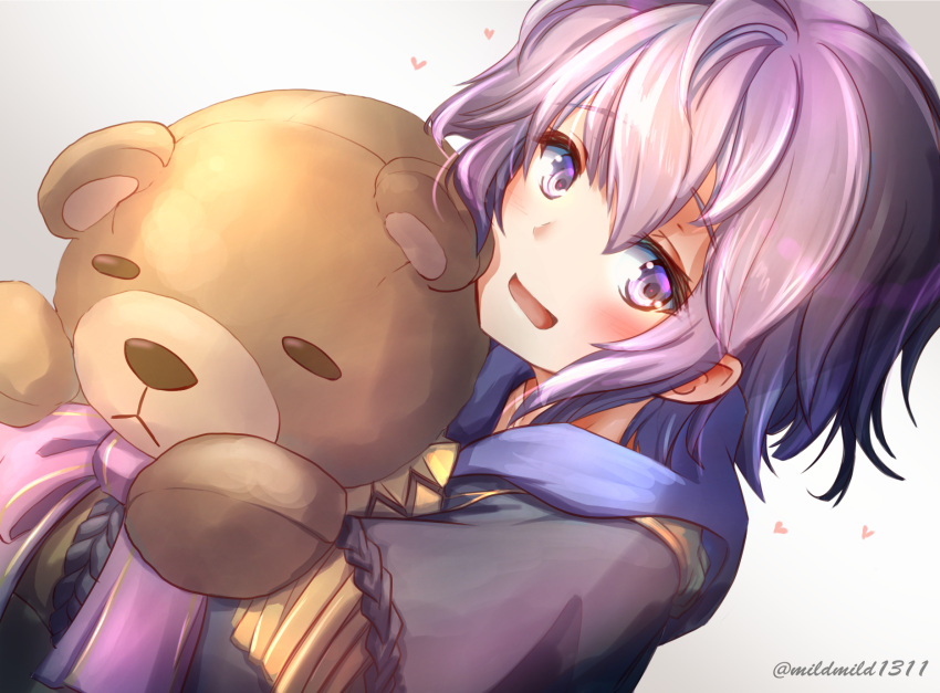 bernadetta_von_varley blush clear_glass_(mildmild1311) commentary_request eyebrows_visible_through_hair fire_emblem fire_emblem:_three_houses garreg_mach_monastery_uniform heart highres object_hug open_mouth purple_hair ribbon short_hair sidelocks simple_background stuffed_animal stuffed_toy teddy_bear twitter_username violet_eyes white_background