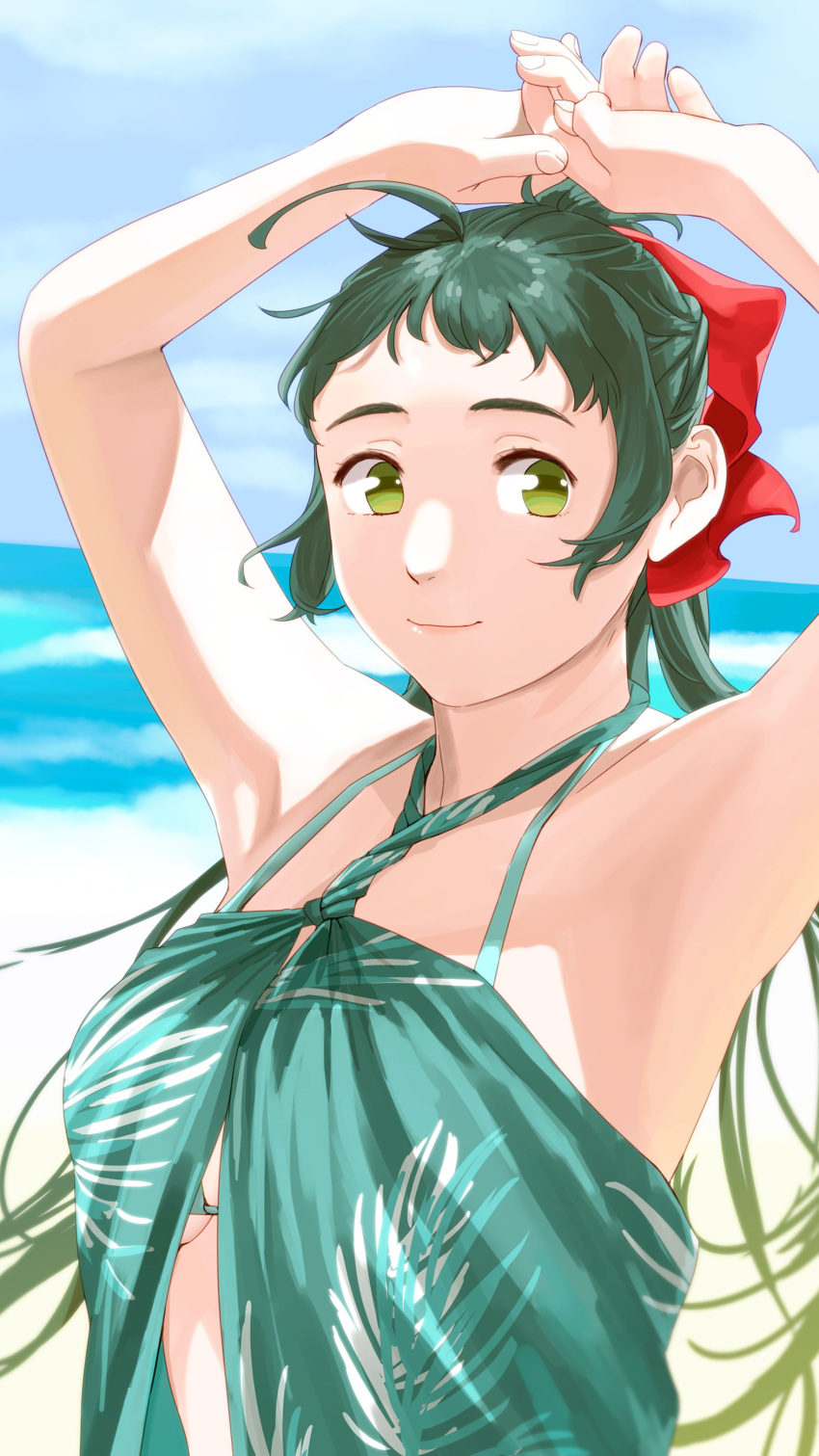 1girl absurdres arms_up beach bikini blurry blurry_background bow breasts closed_mouth clouds day green_bikini green_eyes green_hair hair_bow highres irako_(kantai_collection) kantai_collection long_hair ojipon outdoors ponytail red_bow sky solo swimsuit water