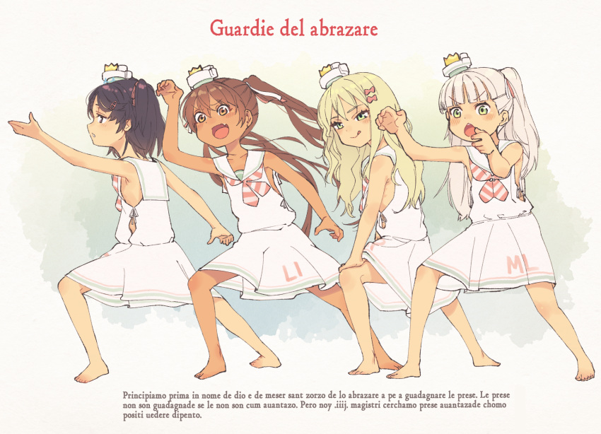 4girls :d bare_arms bare_legs bare_shoulders barefoot bitchcraft123 black_eyes black_hair blonde_hair blush bow brown_eyes brown_hair chestnut_mouth closed_mouth collarbone dress eyebrows_visible_through_hair fang full_body grecale_(kantai_collection) green_eyes hair_between_eyes hair_bow hair_ornament hairclip highres italian_text kantai_collection libeccio_(kantai_collection) long_hair maestrale_(kantai_collection) multiple_girls neckerchief open_mouth pink_bow sailor_collar sailor_dress scirocco_(kantai_collection) short_hair silver_hair sleeveless sleeveless_dress smile tongue tongue_out translation_request twintails upper_teeth v-shaped_eyebrows white_dress white_sailor_collar