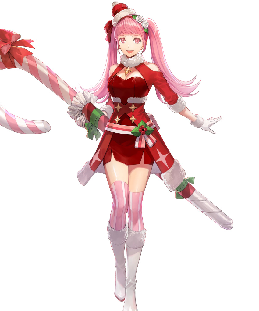 1girl bangs belt_pouch boots breasts candy candy_cane dress fire_emblem fire_emblem:_three_houses fire_emblem_heroes food fur_collar fur_trim gloves hair_ornament hairband hakou_(barasensou) highres hilda_valentine_goneril holding long_hair looking_at_viewer medium_breasts official_art open_mouth pink_eyes pink_hair pouch red_dress shiny shiny_hair short_dress short_sleeves smile solo standing striped striped_legwear thigh-highs tied_hair transparent_background twintails vertical-striped_legwear vertical_stripes white_footwear white_gloves zettai_ryouiki