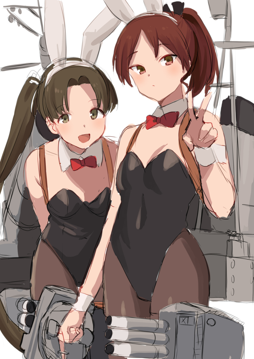 2girls animal_ears ayanami_(kantai_collection) black_legwear breasts brown_eyes brown_hair detached_collar fake_animal_ears hair_ribbon highres holding kantai_collection leotard long_hair mizuki_eiru_(akagi_kurage) multiple_girls open_mouth pantyhose playboy_bunny ponytail rabbit_ears ribbon rigging shikinami_(kantai_collection) side_ponytail simple_background small_breasts v white_background wrist_cuffs