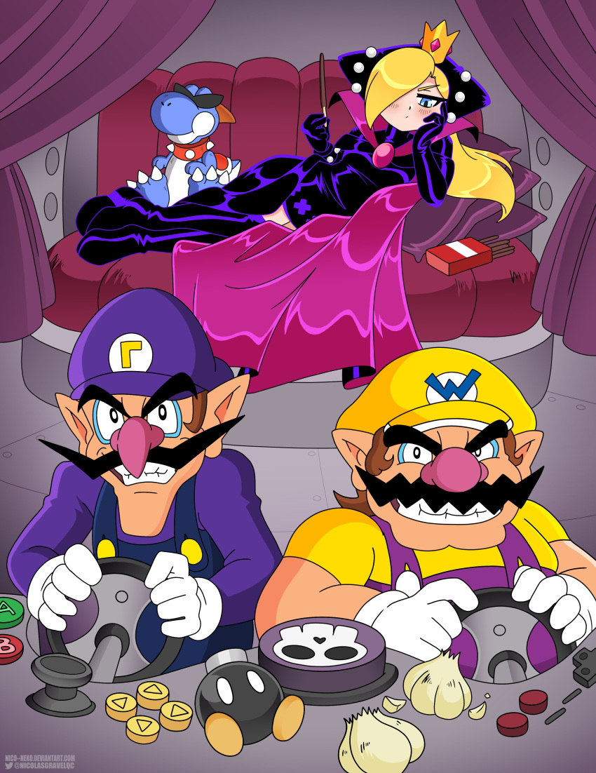 1girl 2boys absurdres animal_ears big_nose black_cape black_dress black_gloves blonde_hair blue_eyes blue_overalls bob-omb bored boshi_(super_mario_rpg) bracelet brown_hair cabbie_hat cape character_doll cleft_chin couch crown dress driving elbow_gloves facial_hair food full_body game_console garlic gloves grin hat highres holding holding_food hooded_dress initial jewelry latex latex_dress leather_dress letter_print light_blush long_hair long_sleeves looking_at_viewer lying mario_power_tennis mario_tennis mini_crown multiple_boys mustache nes nico-neko nintendo_64_controller on_couch on_side overalls parody pillow pink_nose pocky pointy_ears purple_curtains purple_headwear purple_overalls purple_shirt shirt short_hair short_sleeves skull smile spiked_bracelet spikes steering_wheel super_mario_bros. super_mario_rpg teeth waluigi wario warupeach white_gloves yatterman yellow_headwear yellow_shirt