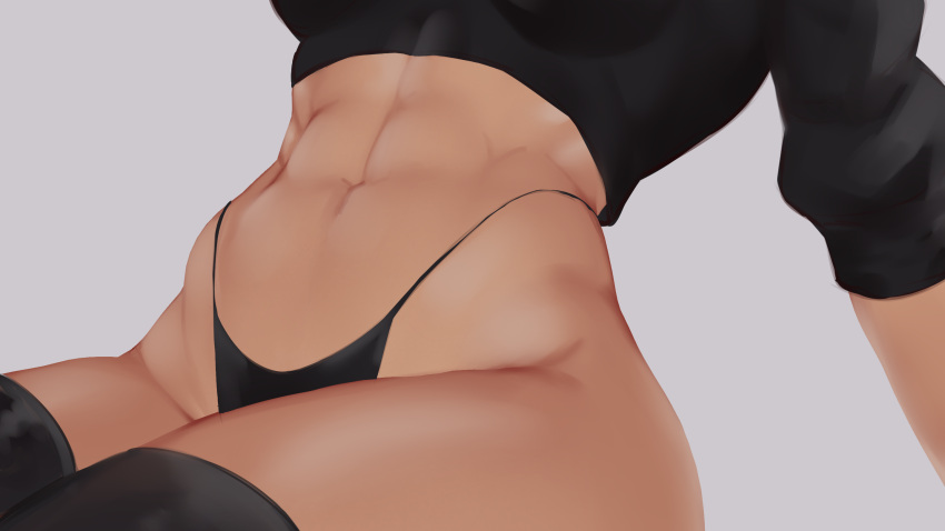 1girl abs biriyb black_legwear black_panties breasts highres navel original panties solo thigh-highs thong underwear