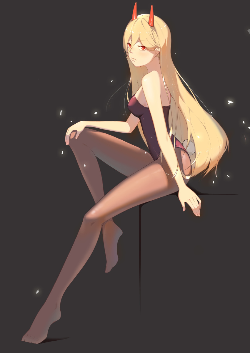 1girl a-z_(alphaomega) absurdres animal_ears bare_shoulders black_leotard blonde_hair breasts brown_legwear bunny_tail chainsaw_man fake_tail frown full_body grey_background hand_on_own_knee highres horns leotard long_hair looking_at_viewer pantyhose playboy_bunny_leotard power_(chainsaw_man) rabbit_ears red_eyes red_horns sitting small_breasts solo tail