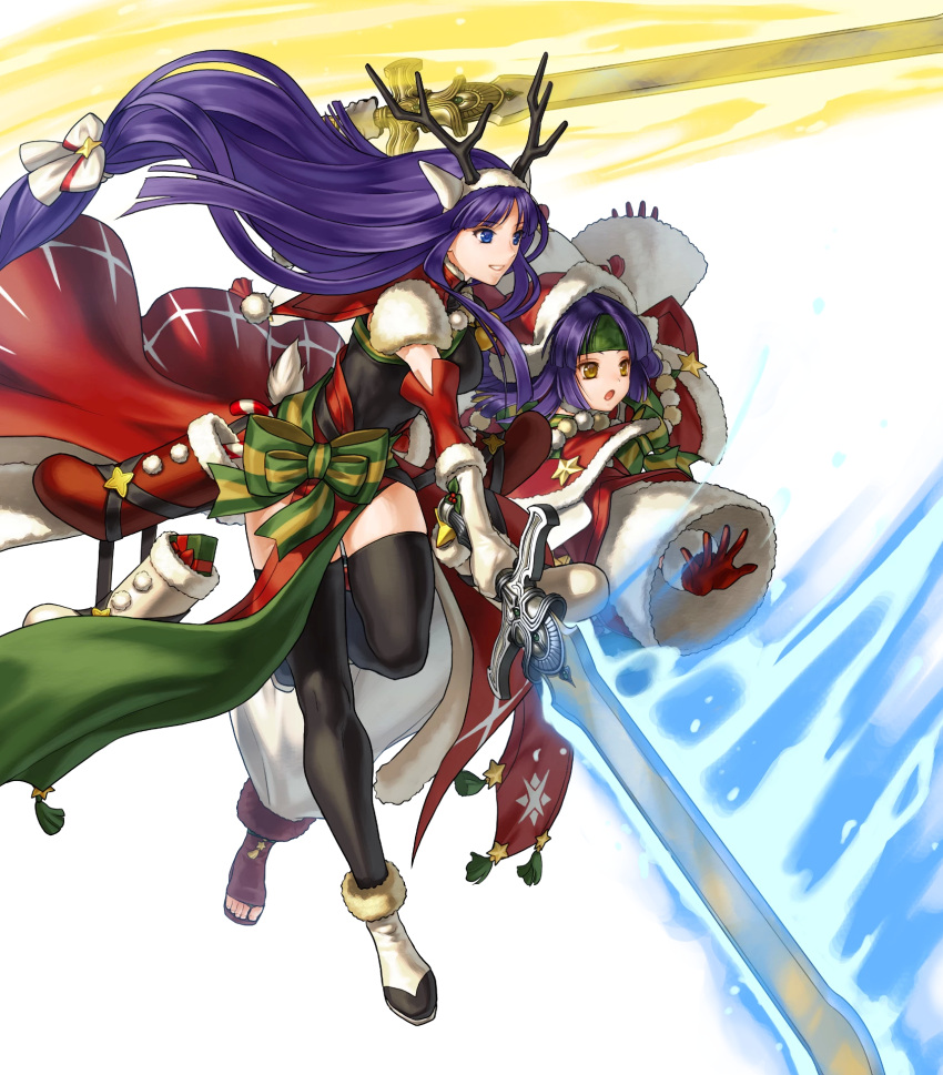 2girls altina animal_ears antlers bangs bell black_legwear blue_eyes blue_hair box breasts capelet closed_mouth deer_ears fake_animal_ears fire_emblem fire_emblem:_radiant_dawn fire_emblem_heroes fur_trim gift gift_box gloves glowing glowing_weapon hair_ornament hat headband highres holding holding_sword holding_weapon kita_senri leg_up long_hair looking_away low-tied_long_hair medium_breasts multiple_girls official_art open_mouth open_toe_shoes parted_lips pom_pom_(clothes) purple_hair red_gloves reindeer_antlers sanaki_kirsch_altina santa_hat smile sword thigh-highs tied_hair transparent_background weapon white_footwear white_gloves wide_sleeves yellow_eyes