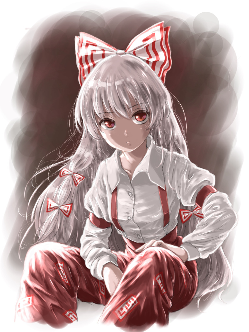 1girl armband bangs between_legs bow breasts closed_mouth collarbone collared_shirt commentary_request cropped_legs expressionless eyebrows_visible_through_hair fujiwara_no_mokou hair_between_eyes hair_bow hand_between_legs hand_on_own_knee highres ikoiko juliet_sleeves long_hair long_sleeves looking_at_viewer pants puffy_sleeves red_bow red_pants shirt sitting small_breasts smoke solo suspenders touhou two-tone_bow very_long_hair white_background white_bow white_hair white_shirt