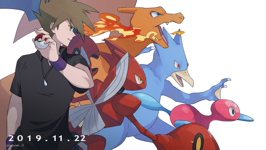 1boy black_shirt blue_oak brown_hair charizard collared_shirt commentary_request dated gen_1_pokemon gen_2_pokemon golduck hands_up highres holding holding_poke_ball jewelry looking_to_the_side male_focus necklace parted_lips poke_ball poke_ball_(basic) pokemon pokemon_(creature) pokemon_adventures porygon2 purple_wristband rozu_ki scizor shirt spiky_hair white_background wristband