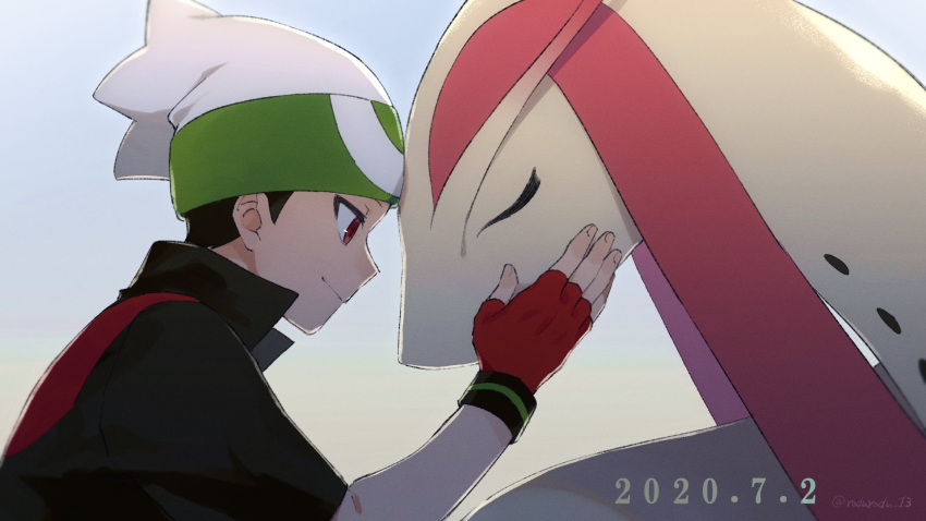 1boy beanie black_hair closed_mouth commentary_request fingerless_gloves fingernails from_side gen_3_pokemon gloves hat highres jacket male_focus milotic pokemon pokemon_(creature) pokemon_adventures red_eyes red_gloves rozu_ki ruby_(pokemon) short_sleeves smile white_headwear