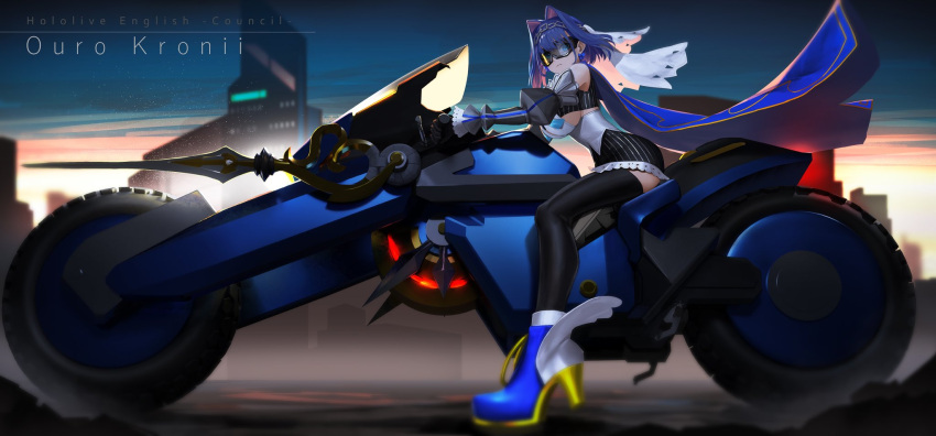 1girl bare_shoulders blue_eyes blue_hair bow bow_earrings breasts building cape chain character_name copyright_name detached_sleeves earrings frown full_body goggles ground_vehicle hair_between_eyes high_heels highres hololive hololive_english jewelry large_breasts looking_at_viewer motor_vehicle motorcycle on_motorcycle ouro_kronii outdoors short_hair sideboob solo sunkilow thigh-highs