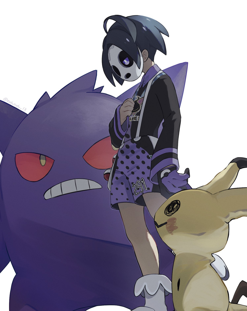 1boy ahoge allister_(pokemon) black_hair collared_shirt commentary gen_1_pokemon gen_7_pokemon gengar gloves gym_leader hand_up highres long_sleeves male_focus mask mimikyu number pokemon pokemon_(creature) pokemon_(game) pokemon_swsh rozu_ki shirt shoes short_hair shorts single_glove standing suspender_shorts suspenders violet_eyes white_footwear