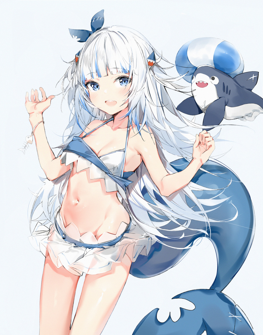 1girl :d absurdres bangs bare_arms bare_shoulders bikini bloop_(gawr_gura) blue_eyes blue_hair breasts collarbone commentary eyebrows_visible_through_hair fish_tail gawr_gura grey_background groin hair_ornament hands_up highres hololive hololive_english huge_filesize long_hair looking_at_viewer multicolored_hair navel open_mouth shark_tail sharp_teeth silver_(chenwen) simple_background small_breasts smile streaked_hair swimsuit tail teeth two_side_up very_long_hair virtual_youtuber white_bikini white_hair