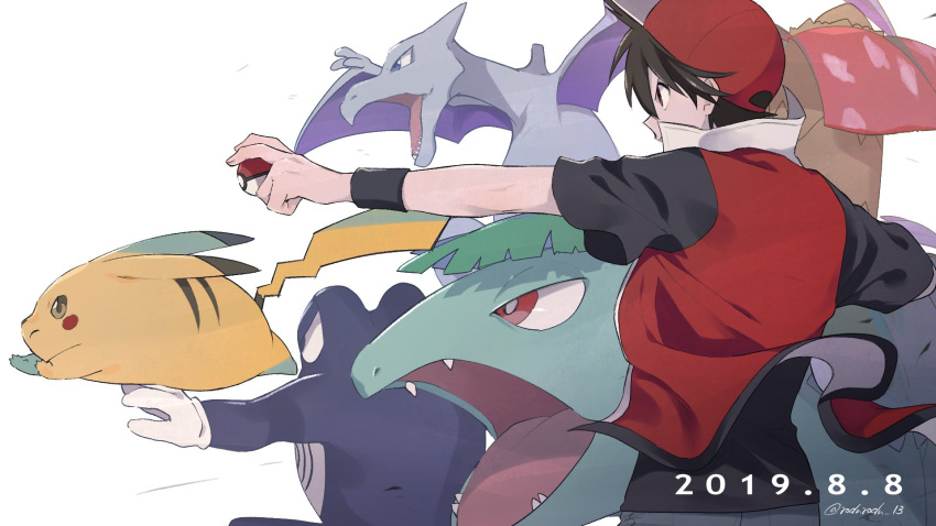 1boy aerodactyl baseball_cap black_wristband brown_hair commentary_request dated gen_1_pokemon hat highres holding holding_poke_ball jacket male_focus outstretched_arm pikachu poke_ball poke_ball_(basic) pokemon pokemon_(creature) pokemon_adventures poliwrath red_(pokemon) rozu_ki short_sleeves signature venusaur white_background