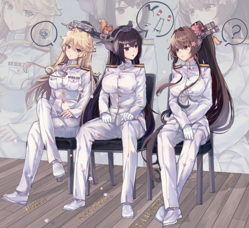 3girls ? alternate_costume black_hair blonde_hair bow breasts brown_eyes brown_hair chair character_name cherry_blossoms commentary_request crossed_legs flower gloves hair_bow hair_flower hair_ornament headgear highres himeyamato iowa_(kantai_collection) kantai_collection large_breasts long_hair looking_at_another military military_uniform multiple_girls nagato_(kantai_collection) naval_uniform pants ponytail red_eyes sitting spoken_question_mark spoken_squiggle squiggle star-shaped_pupils star_(symbol) symbol-shaped_pupils uniform very_long_hair white_gloves white_pants yamato_(kantai_collection)