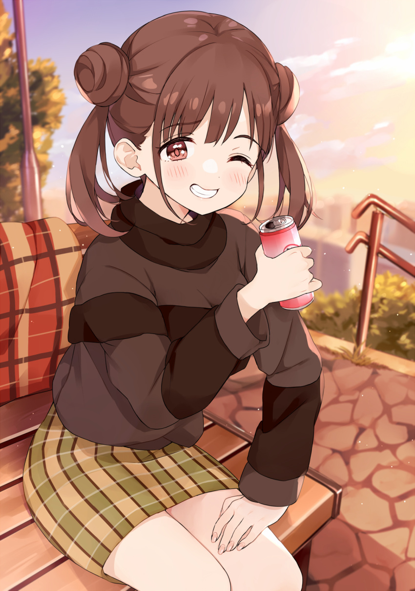 1girl bench black_sweater brown_eyes brown_hair can checkered checkered_skirt commentary_request double_bun grin highres holding holding_can idolmaster idolmaster_shiny_colors long_sleeves looking_at_viewer miniskirt monon_tulle one_eye_closed outdoors park_bench short_twintails sitting skirt smile solo sonoda_chiyoko sweater twilight twintails