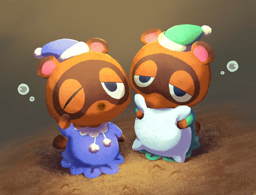 2boys animal_crossing animal_ears brothers brown_background bubble commentary_request green_headwear green_pajamas half-closed_eyes hand_up hat highres holding holding_pillow iroidori4422 male_focus multiple_boys nightcap no_humans one_eye_closed pajamas pillow pom_pom_(clothes) purple_headwear purple_pajamas raccoon raccoon_ears raccoon_tail shadow siblings simple_background sleepy standing tail timmy_(animal_crossing) tommy_(animal_crossing) twins