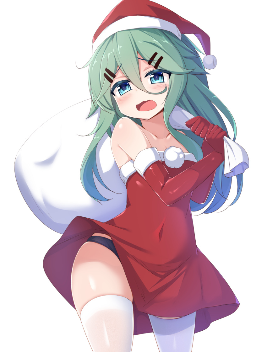 1girl alternate_costume bare_shoulders blue_eyes blush commentary_request covered_navel dress elbow_gloves eyebrows_visible_through_hair gloves green_hair hair_between_eyes hair_ornament hairclip hat highres kantai_collection kurokoshou_(emuburemu123) long_hair looking_at_viewer open_mouth panties red_dress red_gloves santa_costume santa_hat solo strapless thigh-highs underwear white_legwear yamakaze_(kantai_collection)