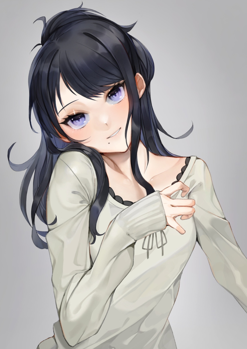 1girl absurdres bangs black_hair blue_eyes collarbone commentary_request grey_background grey_neckwear grey_ribbon head_tilt highres idolmaster idolmaster_shiny_colors kazano_hiori long_hair long_sleeves looking_at_viewer mole mole_under_mouth neck_ribbon ribbon shirt sleeves_past_wrists smile solo swept_bangs unchiganiowanai upper_body white_shirt