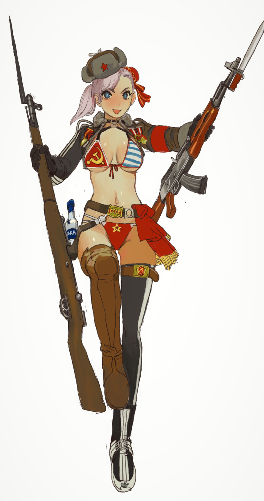 1girl :p absurdres adapted_costume ak-47 alcohol assault_rifle asymmetrical_hair battle_rifle bayonet bikini black_gloves blue_eyes bolt_action boots breasts bun_cover choker dual_wielding fate/grand_order fate_(series) front-tie_bikini front-tie_top full_body fur_hat gloves gun hat highres holding holding_gun holding_weapon long_legs looking_at_viewer medium_breasts mismatched_footwear miyamoto_musashi_(fate/grand_order) mosin-nagant mossacannibalis o-ring pink_hair rifle russia russian_flag_bikini shrug_(clothing) side_bun side_ponytail solo swimsuit thigh-highs thigh_boots tongue tongue_out under_boob ushanka vodka weapon