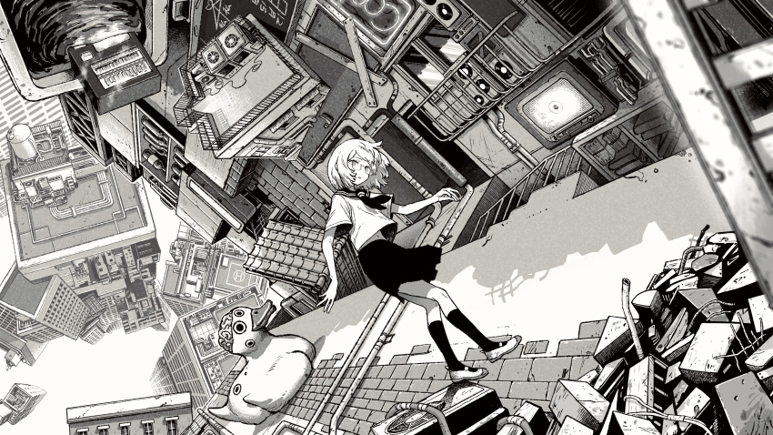 1girl absurdres bird brain character_request city duck extra_eyes floating_clothes floating_hair glasses greyscale highres monochrome navel omao open_hands parted_lips scenery short_hair vocaloid