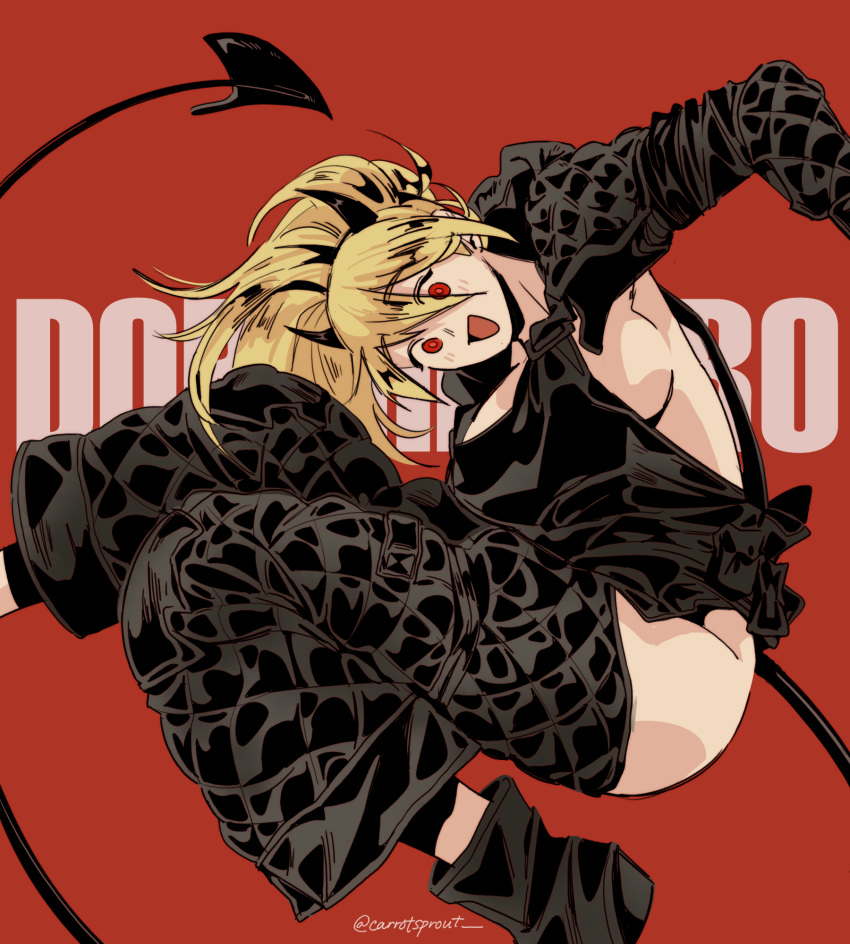 1girl black_footwear black_horns black_tail blonde_hair breasts carrotsprout character_name demon_tail dorohedoro foot_out_of_frame highres horns knees_up large_breasts long_hair looking_at_viewer nikaidou_(dorohedoro) open_mouth ponytail red_background red_eyes smile solo tail twitter_username