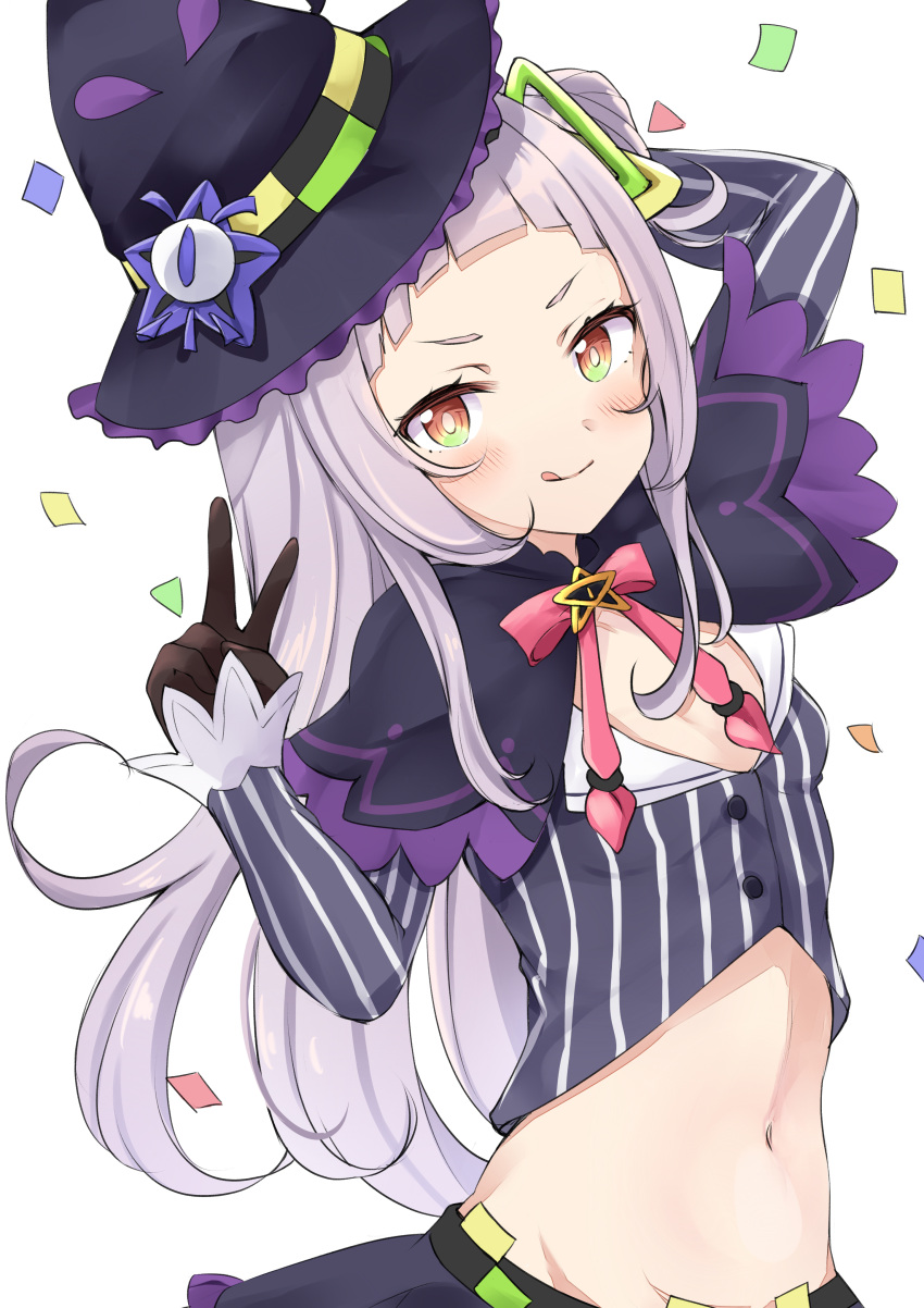 1girl :q absurdres arm_up black_gloves black_headwear black_shirt bow bowtie breasts buttons capelet closed_mouth crop_top forehead gloves hair_bun hair_ornament hand_up hat highres hololive long_hair long_sleeves looking_at_viewer midriff murasaki_shion navel red_eyes roriwanko shirt silver_hair simple_background small_breasts smile solo stomach striped striped_shirt tongue tongue_out upper_body v v-shaped_eyebrows virtual_youtuber white_background witch_hat
