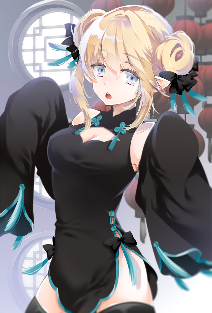 1girl amexame arknights bangs bare_shoulders black_bow black_dress black_legwear blonde_hair blue_eyes bow china_dress chinese_clothes commentary_request cowboy_shot detached_sleeves double_bun dress durin_(arknights) eyebrows_visible_through_hair hair_between_eyes hair_bow highres long_sleeves looking_at_viewer partial_commentary pointy_ears short_dress short_hair sleeves_past_fingers sleeves_past_wrists solo standing thigh-highs wide_sleeves