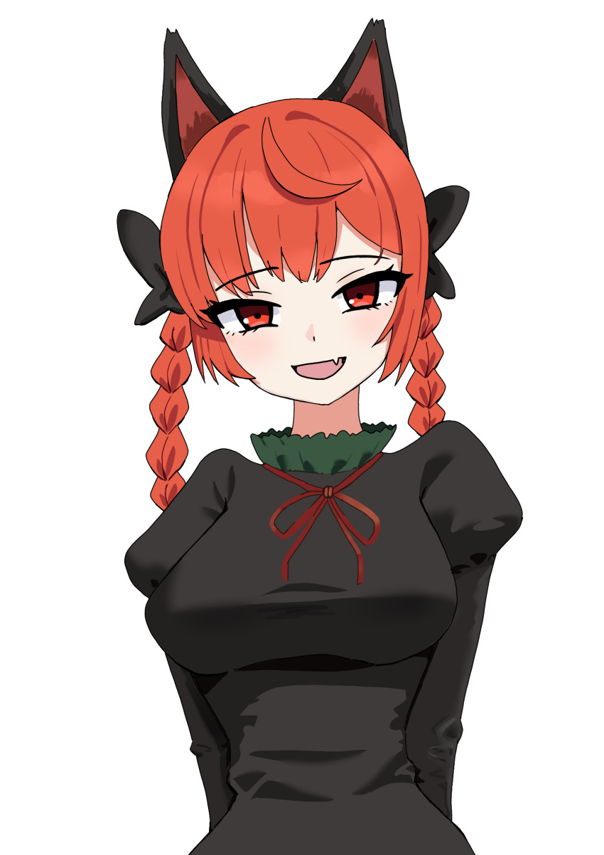 1girl :d ahoge animal_ears black_bow bow braid breasts cat_ears cat_girl commentary fang hair_bow highres kaenbyou_rin large_breasts long_sleeves looking_at_viewer open_mouth pochipechi056 red_eyes redhead side_braids smile solo touhou twin_braids upper_body