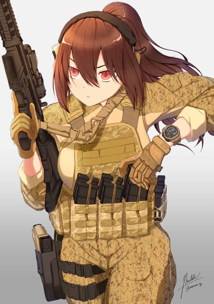 1girl absurdres brown_hair camouflage edzactly gun highres holding holding_gun holding_weapon military_operator original ponytail red_eyes reloading rifle tactical_clothes weapon
