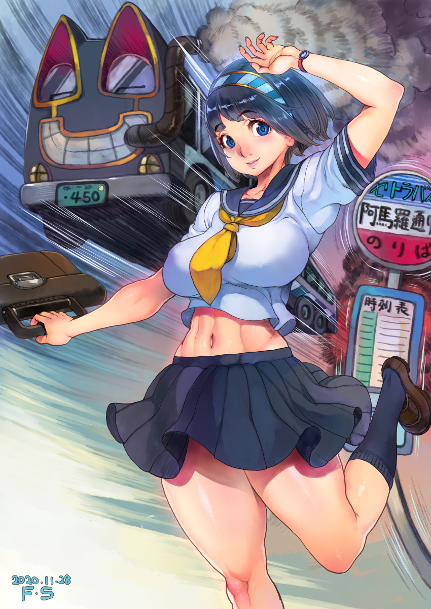 1girl abs absurdres arm_up bangs black_hair black_sailor_collar black_skirt blue_eyes breasts brown_footwear dated eyebrows_visible_through_hair f.s. feet_out_of_frame ground_vehicle hairband highres large_breasts leg_up looking_at_viewer menace midriff navel neckerchief pleated_skirt queen's_blade sailor_collar short_hair sign skirt smile solo surreal thick_thighs thighs train watch watch yellow_neckwear