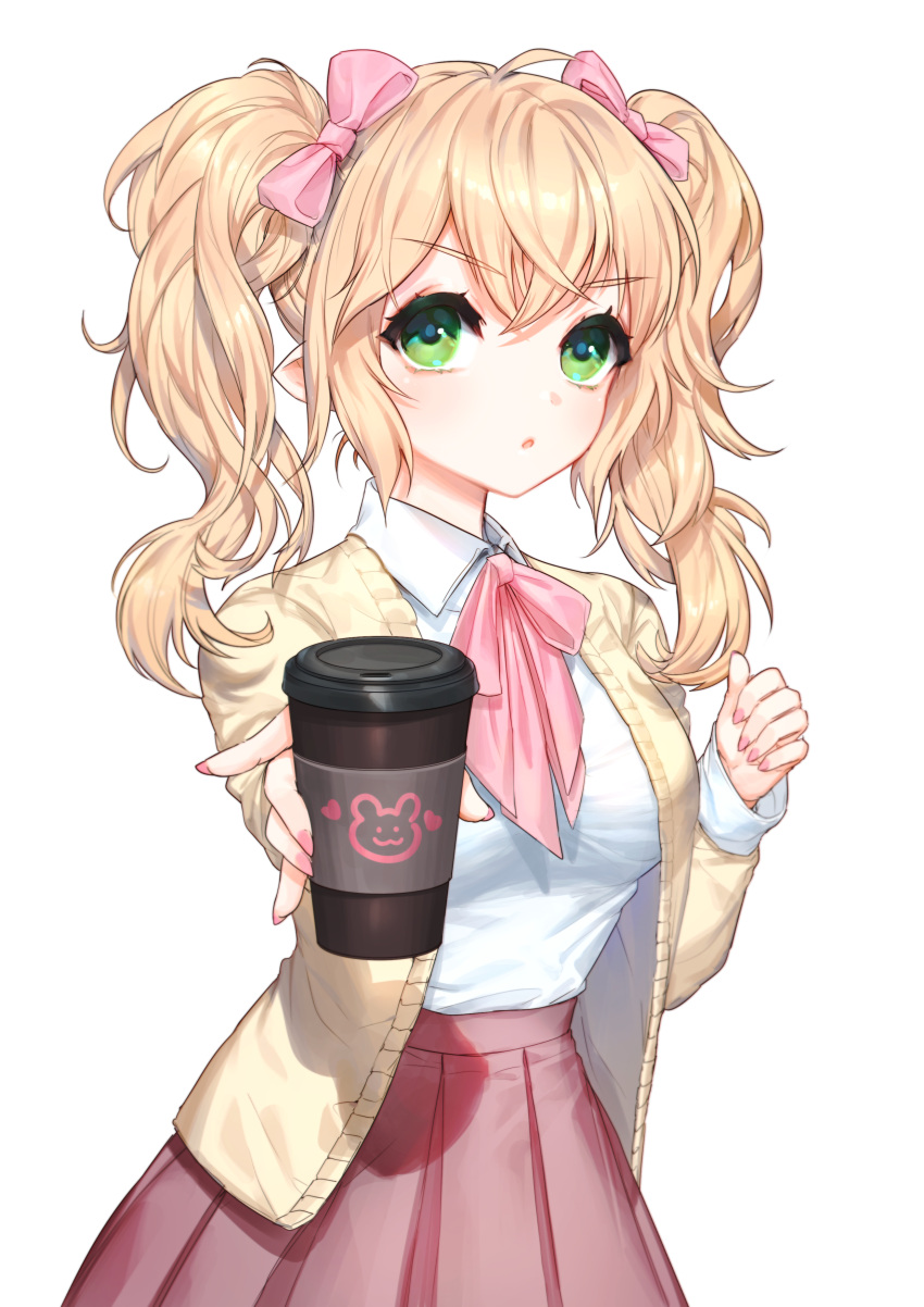 1girl :o absurdres bangs blonde_hair bow breasts brown_jacket brown_skirt clearpage coffee_cup collared_shirt commentary_request cup disposable_cup eyebrows_visible_through_hair green_eyes hair_between_eyes highres holding holding_cup jacket long_hair long_sleeves looking_at_viewer mabinogi medium_breasts nail_polish open_clothes open_jacket original outstretched_arm parted_lips pink_bow pink_nails pleated_skirt pointy_ears shirt sidelocks simple_background skirt sleeves_past_wrists solo twintails v-shaped_eyebrows white_background white_shirt