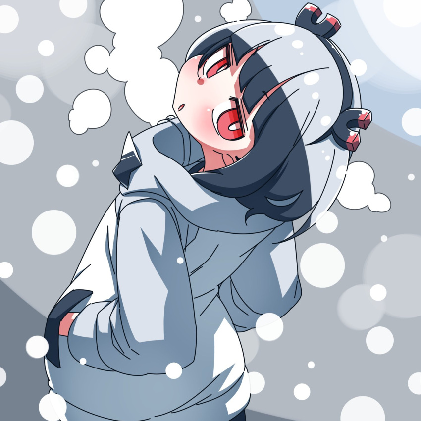 1girl black_hair black_hairband blush commentary_request from_behind grey_hair hairband hands_in_pockets hanya_(hanya_yashiki) head_tilt highres jacket jitomi_monoe long_sleeves looking_at_viewer looking_back magnet parted_lips red_eyes solo upper_body virtual_youtuber voms white_jacket