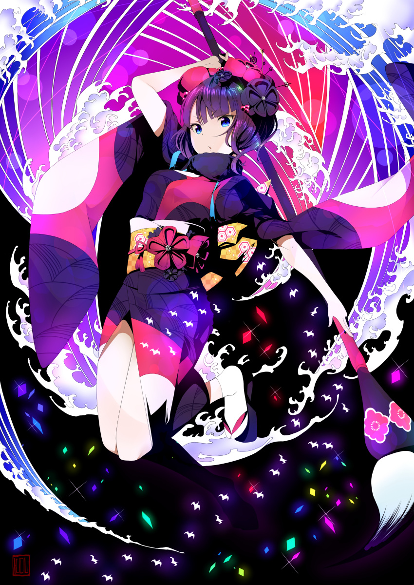 1girl absurdres bangs black_background breasts daive fate/grand_order fate_(series) full_body hair_ornament highres japanese_clothes katsushika_hokusai_(fate/grand_order) kimono looking_at_viewer medium_breasts obi paintbrush polearm purple_hair sash solo weapon
