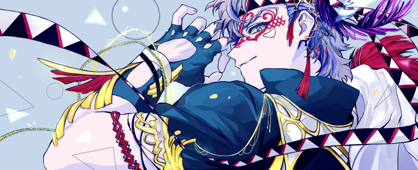 1boy adapted_costume alternate_eye_color alternate_hair_color armlet battle_tendency blue_eyes blue_gloves blue_theme caesar_anthonio_zeppeli closed_mouth facepaint facial_mark feathers fingerless_gloves gloves headband highres jewelry jojo_no_kimyou_na_bouken light_smile limited_palette looking_at_viewer looking_to_the_side male_focus multiple_sources nigelungdayo profile short_hair short_sleeves sideways_glance solo triangle triangle_print white_hair