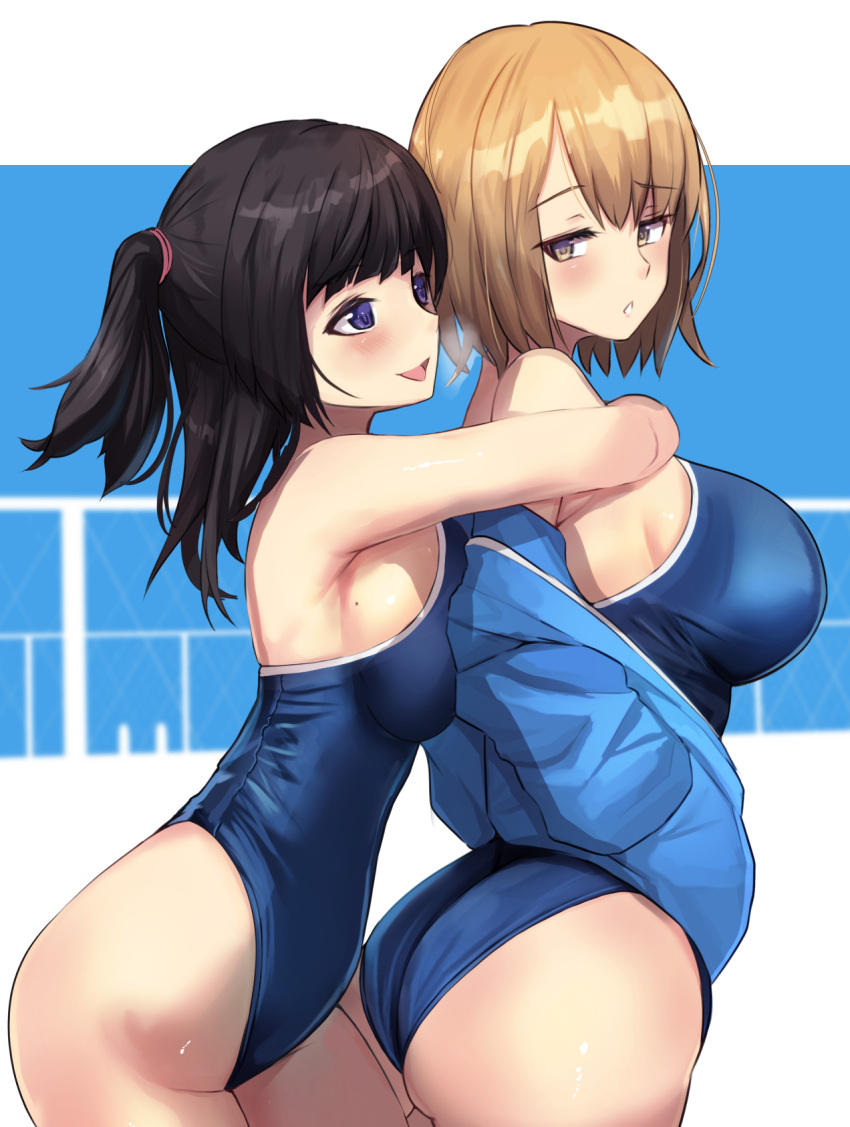 2girls ass bangs blonde_hair blue_jacket blush breast_press breasts breath brown_hair commentary_request competition_school_swimsuit cropped_background eyebrows_visible_through_hair from_side hair_tie highres hug jacket jacket_over_swimsuit large_breasts medium_hair mole mole_on_breast multiple_girls one-piece_swimsuit open_mouth original school_swimsuit short_hair side_ponytail sideboob swimsuit thighs untue violet_eyes yellow_eyes