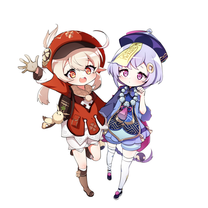 2girls :d ahoge backpack bag bangs boots dress full_body genshin_impact hair_between_eyes hat hat_feather highres jewelry klee_(genshin_impact) knee_boots long_hair long_sleeves looking_at_viewer low_twintails multiple_girls necklace open_mouth purple_hair qiqi red_dress red_eyes red_headwear short_hair smile twintails violet_eyes white_background white_feathers white_legwear yukki_bunny