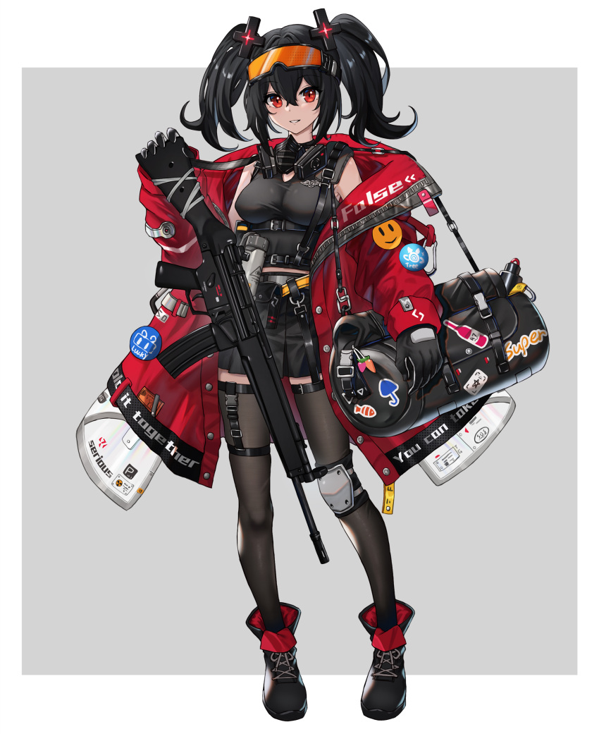 1girl absurdres aer7o ankle_boots assault_rifle bag black_gloves black_hair black_legwear black_skirt boots border breasts cyberpunk d-pad d-pad_hair_ornament duffel_bag eyewear_on_head full_body garters gas_mask gloves grey_background gun hair_ornament highres jacket long_hair looking_at_viewer mask_around_neck medium_breasts miniskirt open_clothes open_jacket orange-tinted_eyewear original outside_border oversized_clothes pleated_skirt red_jacket rifle shooting_glasses single_knee_pad skirt sling solo standing thigh-highs twintails weapon white_border zettai_ryouiki