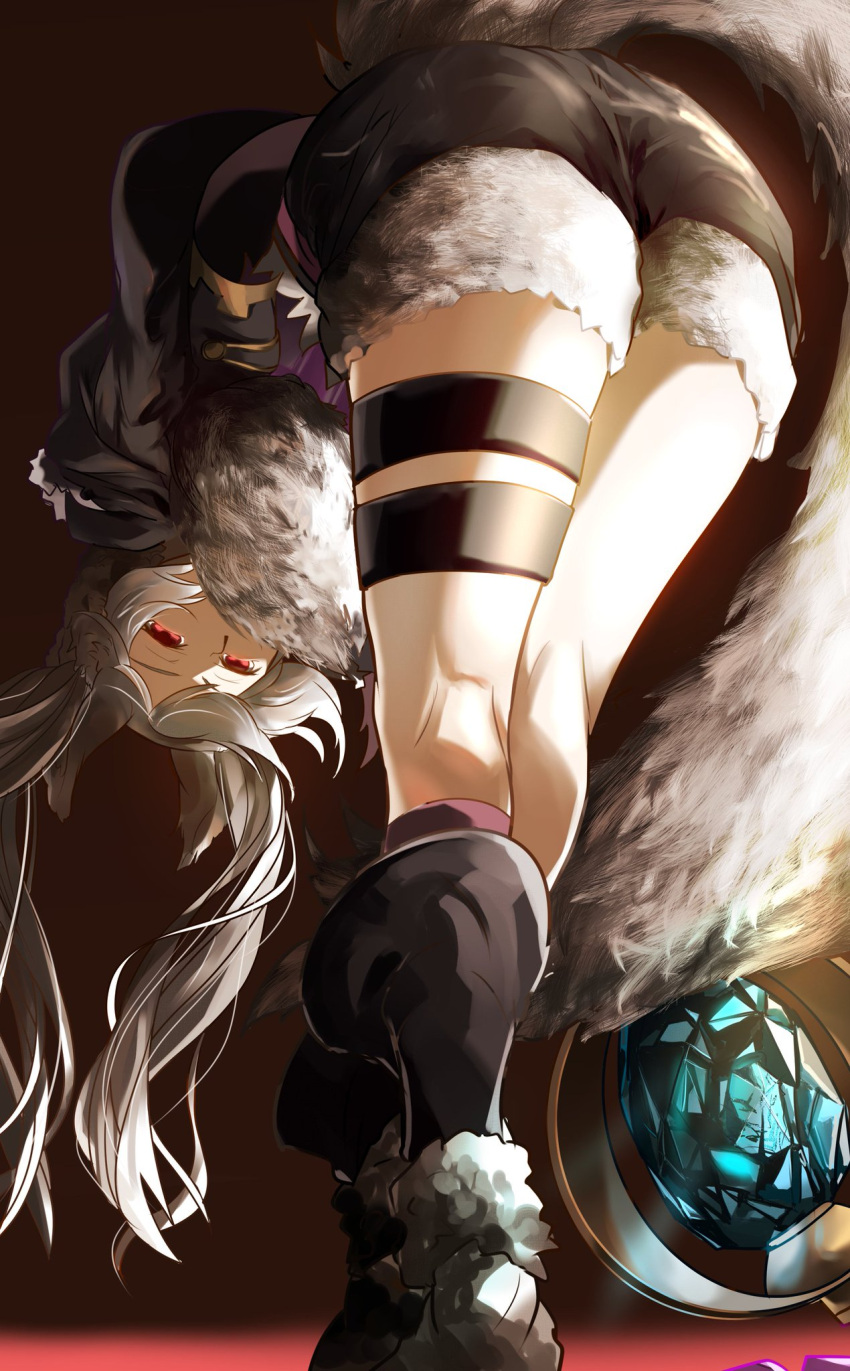 1girl animal_ears fe_erre fire_emblem fire_emblem_awakening fire_emblem_heroes grima_(fire_emblem) halloween_costume highres long_hair red_eyes robin_(fire_emblem) robin_(fire_emblem)_(female) shorts solo tail thigh_strap twintails white_hair wolf_ears wolf_tail