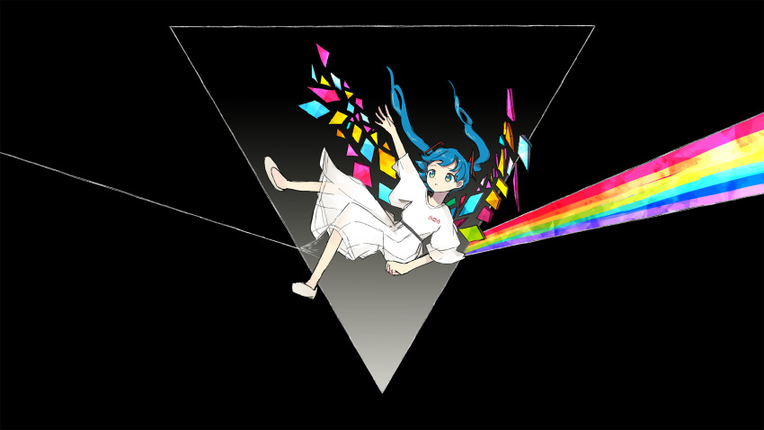 1girl alternate_costume blue_eyes blue_hair dark_side_of_the_moon dress floating_hair hatsune_miku highres long_hair neruzou pink_floyd prism rainbow solo twintails vocaloid white_dress white_footwear wide_shot