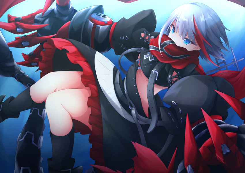 absurdres admiral_graf_spee_(azur_lane) azur_lane bandeau bangs belt black_bandeau black_footwear black_legwear black_skirt blue_background blue_eyes boots breasts buckle claw_(weapon) clawed_gauntlets claws combat_boots commentary_request covered_mouth eyebrows eyebrows_visible_through_hair frilled_skirt frills gauntlets highres holding holding_weapon iron_cross kneehighs knees_together_feet_apart leather leather_belt leather_boots long_scarf long_sleeves mechanical_tail medium_breasts medium_hair metal_gloves midriff multicolored multicolored_clothes multicolored_hair multicolored_skirt osatou_(soul_of_sugar) puffy_sleeves red_scarf red_skirt redhead rigging scarf scarf_over_mouth short_hair sidelocks silver_hair skirt socks strap streaked_hair tail thighs under_boob weapon