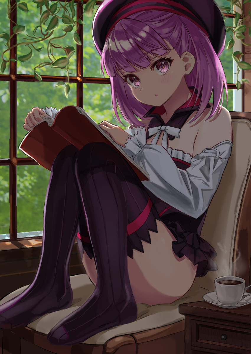 1girl absurdres bangs bare_shoulders beret black_legwear blush book breasts coffee cup detached_collar detached_sleeves dress fate/grand_order fate_(series) frozen_yakan hat helena_blavatsky_(fate/grand_order) highres leaf looking_at_viewer open_book open_mouth purple_hair short_dress short_hair sitting small_breasts strapless strapless_dress thigh-highs violet_eyes white_sleeves window