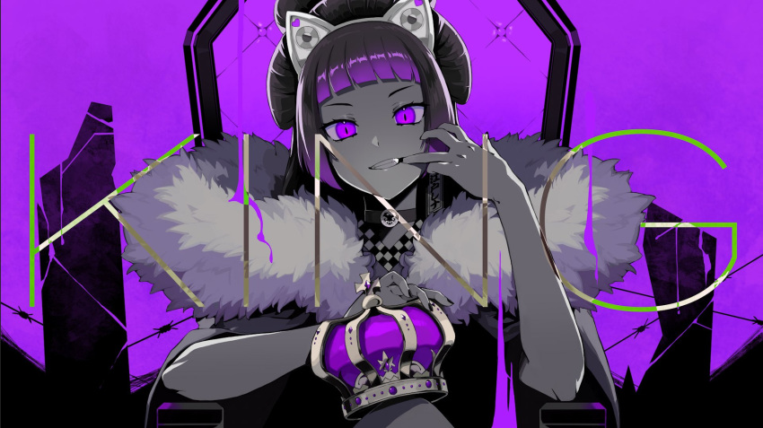 1girl artist_request bangs barbed_wire black_nails chair coat collar commentary_request crown crown_removed edo_lena finger_to_mouth fingernails fur-trimmed_coat fur_trim hair_ornament highres indie_virtual_youtuber king_(vocaloid) limited_palette long_hair looking_at_viewer nail_polish official_art purple_background purple_hair purple_theme second-party_source sitting smile solo song_name teeth upper_body violet_eyes virtual_youtuber
