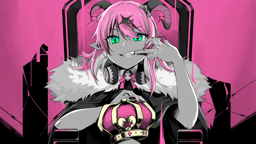1girl asymmetrical_horns bangs barbed_wire bow coat collar crown crown_removed demon_girl demon_horns eyebrows_visible_through_hair finger_to_mouth fingernails fur-trimmed_coat fur_trim green_eyes hair_bow hair_ornament headphones headphones_around_neck highres hololive horns jjaga236 king_(vocaloid) limited_palette long_hair looking_at_viewer mano_aloe nail_polish pink_background pink_hair pink_nails pink_theme sitting smile solo teeth textless throne upper_body virtual_youtuber