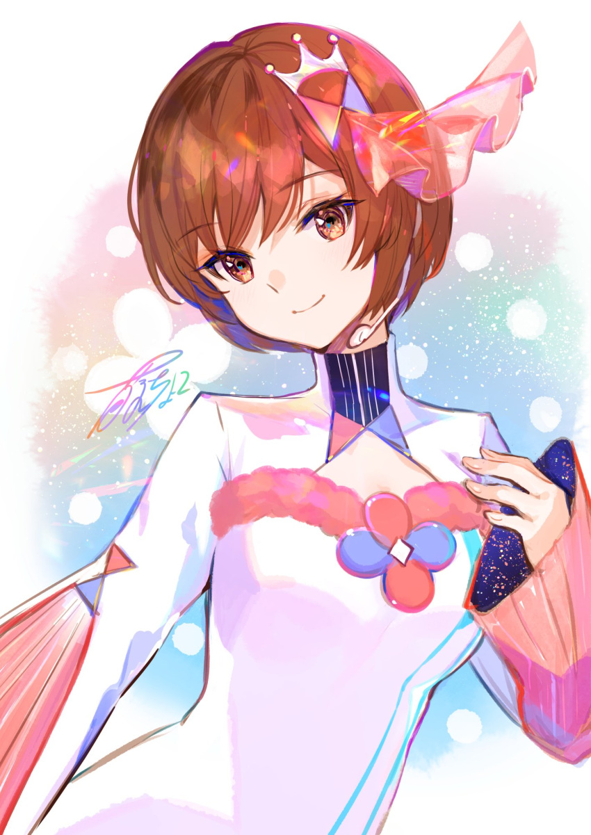 1girl brown_eyes brown_hair cleavage_cutout clothing_cutout commentary countdown dress fuzichoco hair_ornament hairclip headset highres looking_at_viewer magical_mirai_(vocaloid) meiko pink_sleeves short_hair signature smile solo upper_body vocaloid white_dress