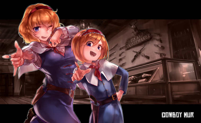 2girls alice_margatroid bangs blonde_hair blouse blue_dress blue_eyes breasts capelet commentary_request cookie_(touhou) cowboy_shot dress eyebrows_visible_through_hair eyes_visible_through_hair fang gun hair_between_eyes hairband handgun holstered_weapon jewelry leg_up letterboxed long_sleeves looking_at_viewer medium_breasts megafaiarou_(talonflame_810) multiple_girls necktie one_eye_closed open_mouth pose red_hairband red_neckwear revolver rifle ring sakuranbou_(cookie) sepia shop short_hair sleeveless sleeveless_dress standing taisa_(cookie) taxidermy touhou weapon western white_blouse white_capelet