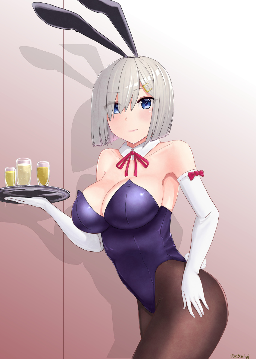 1girl absurdres animal_ears black_legwear blue_eyes breasts bunny_tail cowboy_shot detached_collar elbow_gloves eyes_visible_through_hair gloves hair_ornament hair_over_one_eye hairclip hamakaze_(kantai_collection) highres jousanrou kantai_collection large_breasts leotard looking_at_viewer neck_ribbon pantyhose playboy_bunny purple_leotard rabbit_ears red_ribbon ribbon short_hair silver_hair solo strapless strapless_leotard tail tray white_gloves